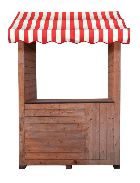 istock Wooden market stand stall with striped awning 1201848962