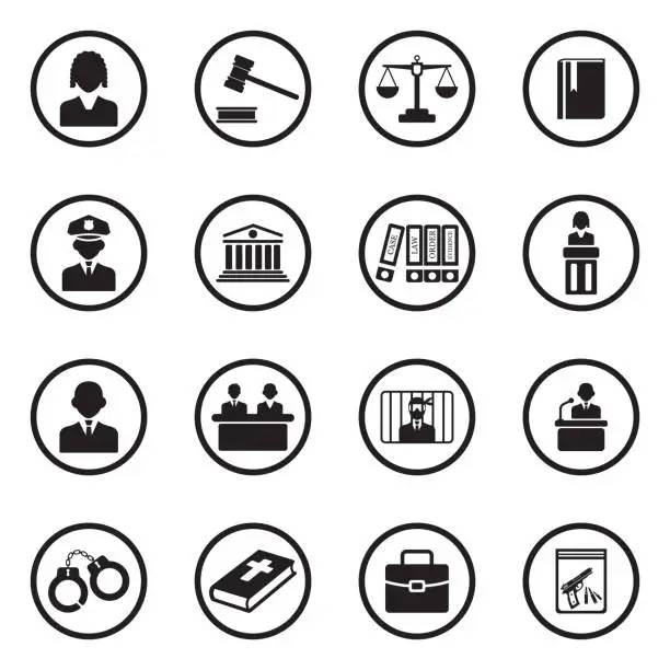 Vector illustration of Law, Judge and Court Icons. Black Flat Design In Circle. Vector Illustration.