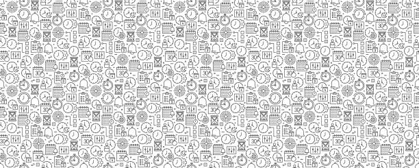 Time Management Seamless Pattern and Background with Line Icons Time Management Seamless Pattern and Background with Line Icons time designs stock illustrations