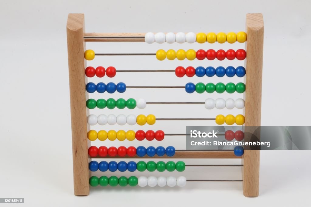 Small Ruler With Colorful Wooden Balls In A White Studio Stock