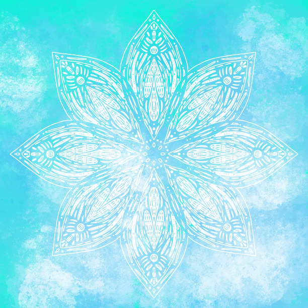 ilustraciones, imágenes clip art, dibujos animados e iconos de stock de dibujado a mano lirio lotus mandala con fondo de acuarela azul. decoración de tatuajes de henna, mehndi. adorno decorativo en estilo oriental étnico. - lillypad lily water lily water