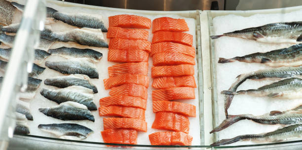 istock raw fresh seafood on ice at the fish restaurant market 1201851490