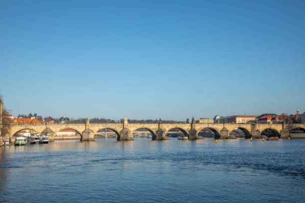 skyline of Prague with river Vltava and Charles bridge