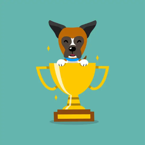 Vector illustration of Cartoon vector character boxer dog with gold trophy cup award