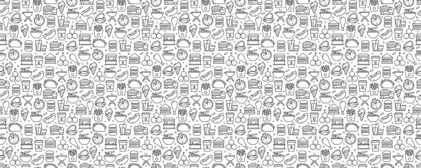 Street Food Seamless Pattern and Background with Line Icons Street Food Seamless Pattern and Background with Line Icons street food stock illustrations