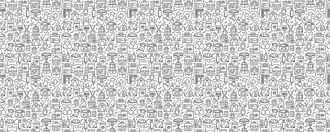 Pet Shop Related Seamless Pattern and Background with Line Icons