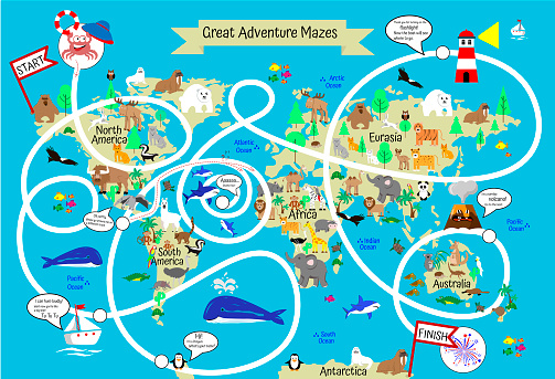 Great Map World Maze Game. Help crab find way to Australia. Finger educational game for children, preschoolers with obstacles, tasks. Big Adventure