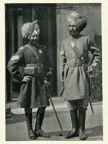 Vintage photograph of British indian army soldiers, 1st Regient of Punjab Cavalry, on right Duffadar of the 1st Contingent Indian horse