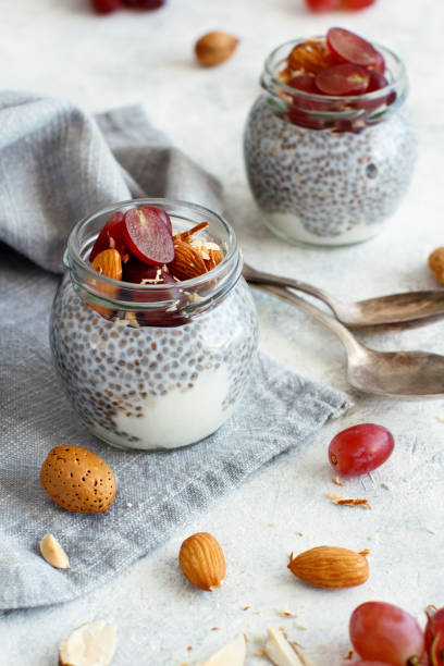 istock Chia pudding parfait with red grapes and almonds 1201855379