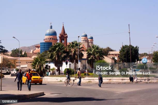 Street View In Keren Eritrea In The Background The Church Of San Antonio And The Bell Tower Of The Old Church Of San Antonio Stock Photo - Download Image Now