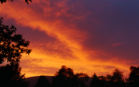 Beautiful blue sky with pink clouds illuminated by the setting sun. Sunset, evening, cumulus and cirrus clouds.