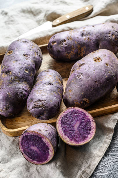 istock vitelotte raw potato on a chopping Board. Gray background. Top view 1201861911