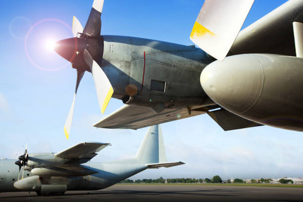 istock Military transport aircraft takeoff from runway. 1201863268