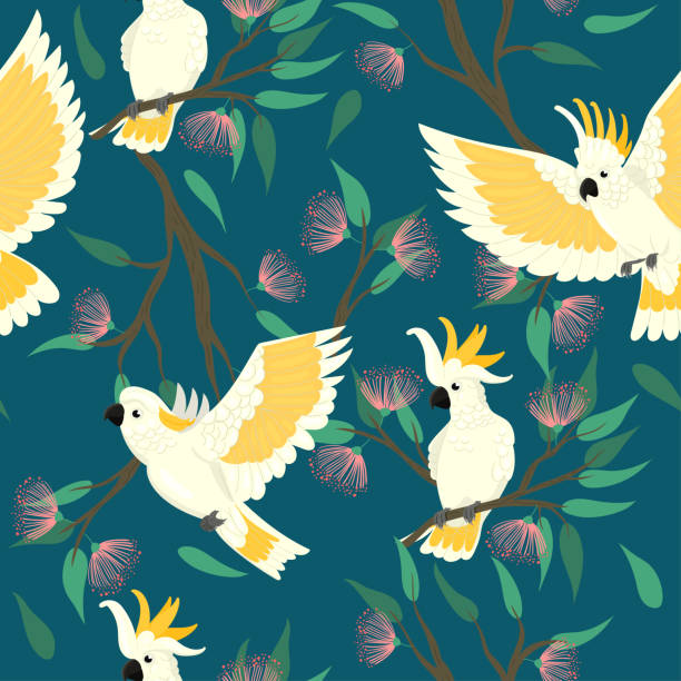 Seamless pattern with cockatoo and flowers. Vector graphics. Seamless pattern with cockatoo and flowers. Vector graphics. cockatoo stock illustrations