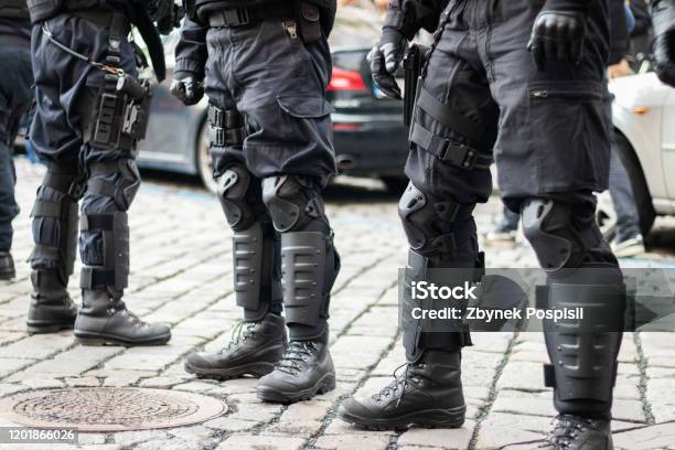 Police Force Cordon At City Street Stock Photo - Download Image Now - Police Force, Protest, Special Forces