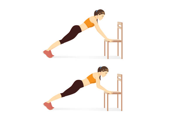 ilustrações, clipart, desenhos animados e ícones de mulher fazendo exercícios com a cadeira push up em 2 passos para a construção dos músculos do abdômen. - strength man made object clothing the human body