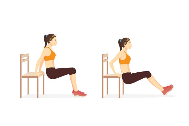 ilustraciones, imágenes clip art, dibujos animados e iconos de stock de mujer haciendo tríceps dips con banco en 2 pasos para guía de ejercicios. - bíceps