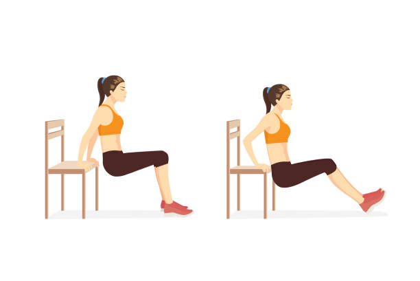 ilustrações de stock, clip art, desenhos animados e ícones de woman doing triceps dips with bench in 2 step for exercise guide. - muscular build bicep women female