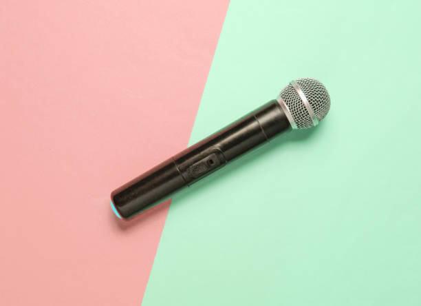 istock Wireless microphone on blue pink pastel background. Flat lay.  Top view 1201872275