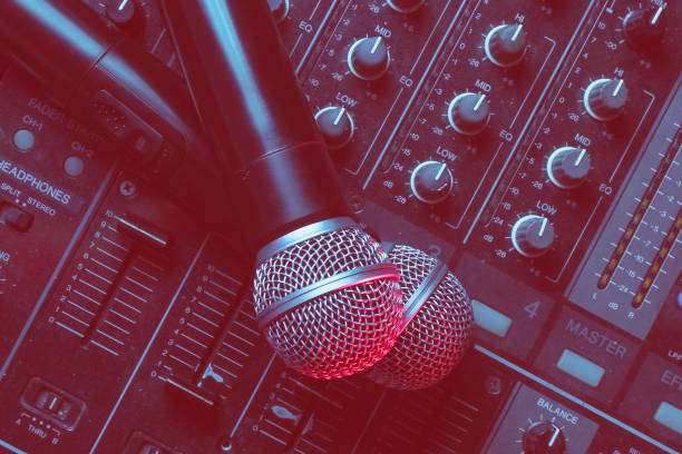 istock Night club, nightlife concept. Disco. Two microphone on DJ remote. Duotone effect 1201872318