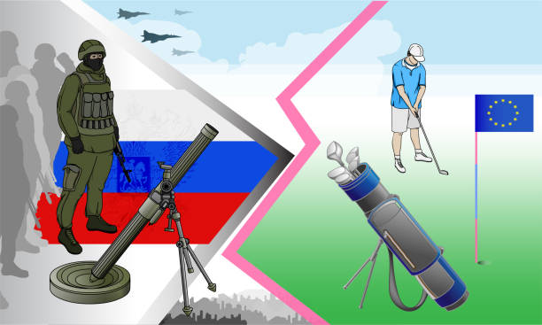 Red lines of Europe, an illustration of the EU's short-sighted policy towards the Kremlin's aggressive policy Red lines of Europe, an illustration of the EU's short-sighted policy towards the Kremlin's aggressive policy, playing golf against mortars hypocrisy stock illustrations
