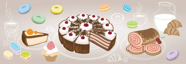 Vector illustration of Horizontal set of desserts and pastries, symbolizing a coffee shop