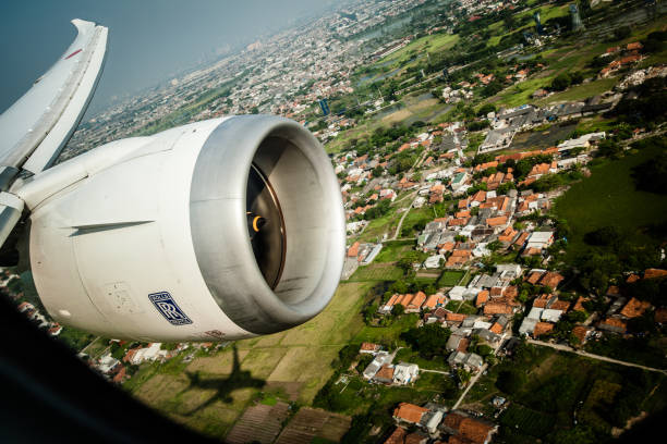 Jakarta, Indonesia - August 1, 2014: The Rolls Royce Engine of the Boeing 787 seen from the window while landing.