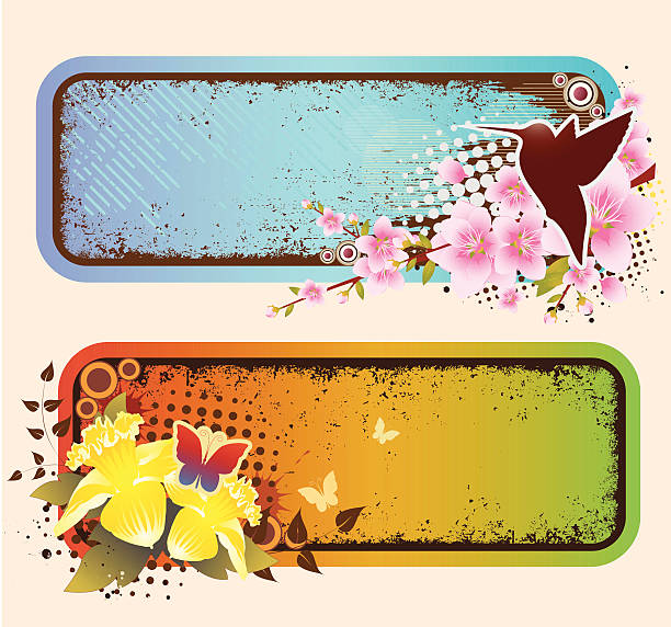 grunge banner frühling - daffodil flower silhouette butterfly stock-grafiken, -clipart, -cartoons und -symbole