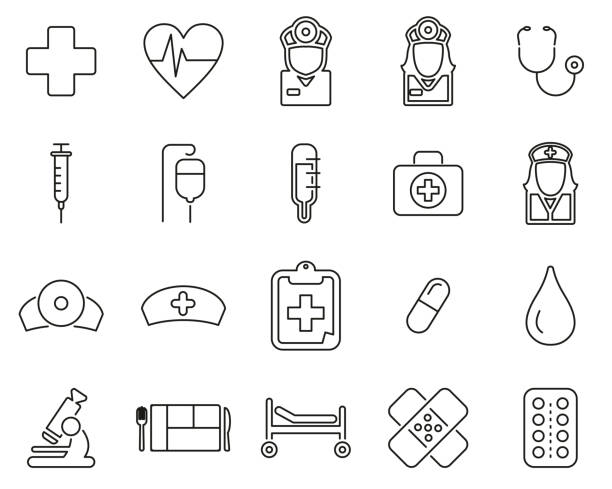 krankenhauspersonal & ausrüstung icons black & white thin line set big - notaufnahme arzt europäisch stock-grafiken, -clipart, -cartoons und -symbole