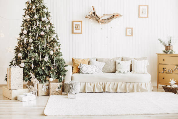 istock Decorated Christmas room with gifts 1201880116