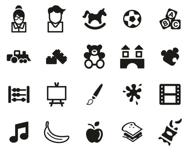 ilustraciones, imágenes clip art, dibujos animados e iconos de stock de kindergarten o guardería iconos negro y blanco conjunto grande - escuela preescolar