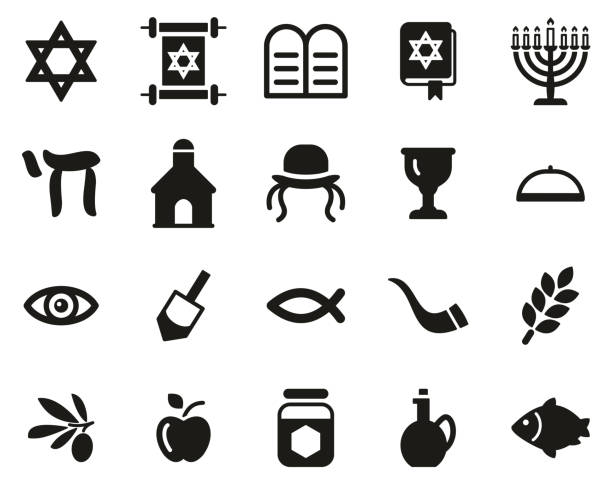 Judaism Religion & Religious Items Icons Black & White Set Big This image is a vector illustration and can be scaled to any size without loss of resolution. kosher logo stock illustrations