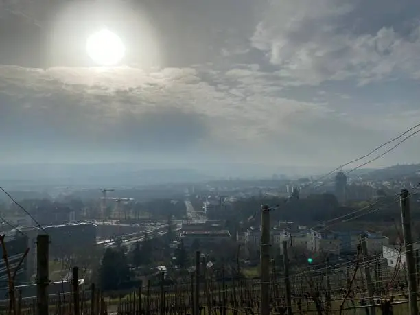 Panoramic view of Stuttgart in winter morning dust, Shot for vineyards overlooking the city