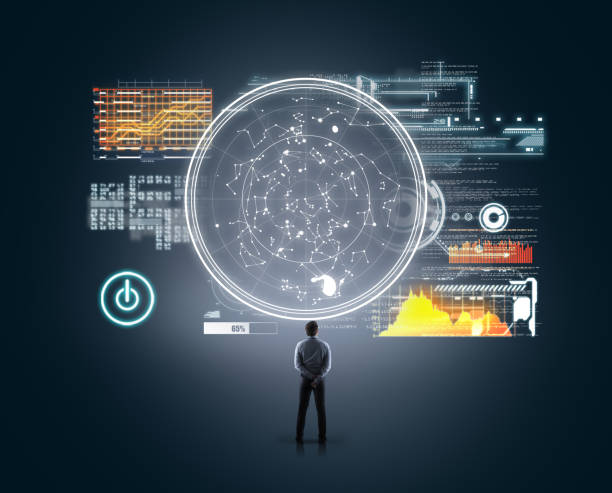 istock Businessman looking at a circle of futuristic user interface , data and information. 1201882030