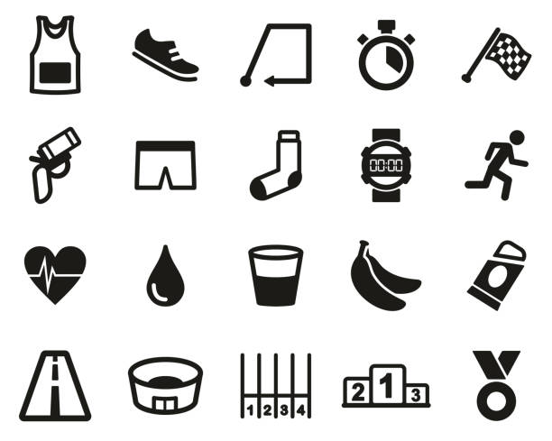 Marathon Or Marathon Race Icons Black & White Set Big This image is a vector illustration and can be scaled to any size without loss of resolution. starting gun stock illustrations