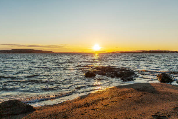istock Sunlight over a beautiful landscape with waves to a shore at dusk 1201883445