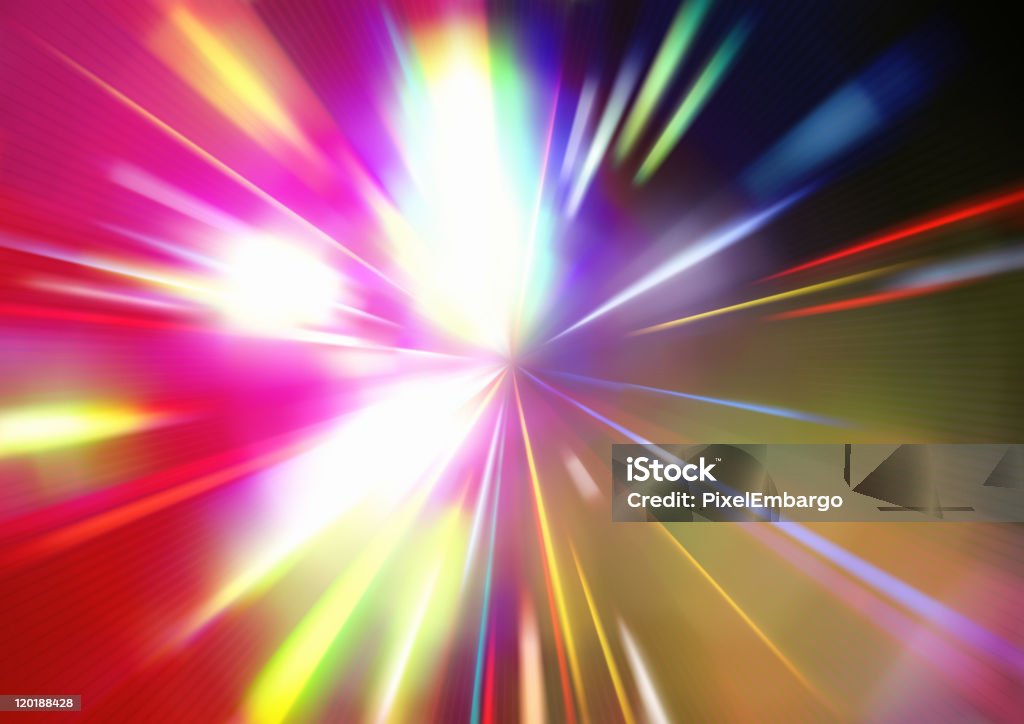 Abstract background with colorful neon lights A vector illustration depicts an abstract background of bright, colorful, neon lights.  The bright lights radiate outwards from the center of the image.  The spots of light are blurred, which gives the impression of movement.  Most of the spots of light are narrow and long, but a couple near the center are much rounder.  The lights are in many colors, including pink, red, blue green, yellow and white.  The background of the image is mostly pink on the left side of the center and mostly shades of gray on the right side. Neon Colored stock vector