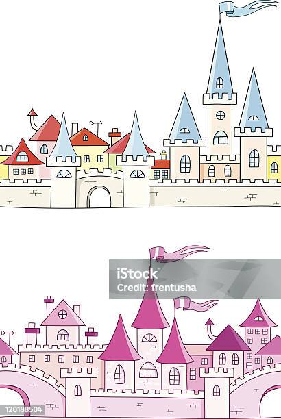 シームレスなベクトルの背景にファンタジー城 - おとぎ話のベクターアート素材や画像を多数ご用意 - おとぎ話, イラストレーション, カラー画像