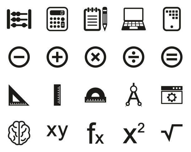 mathe oder mathe wissenschaft icons schwarz & weiß set groß - calculator symbol computer icon vector stock-grafiken, -clipart, -cartoons und -symbole