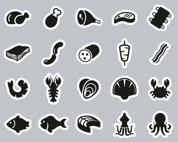 ilustraciones, imágenes clip art, dibujos animados e iconos de stock de carne & mariscos iconos negro & blanco pegatina set grande - red octopus