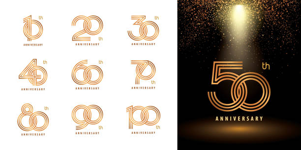 illustrazioni stock, clip art, cartoni animati e icone di tendenza di set di design logotipo anniversario, celebrando anniversario logo più linea dorata per la celebrazione - number 10 immagine