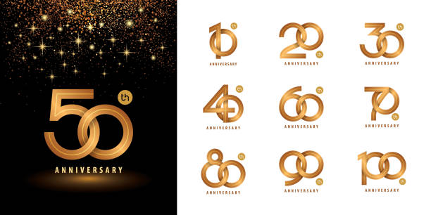 illustrazioni stock, clip art, cartoni animati e icone di tendenza di set di design logotipo anniversario, celebrando anniversario logo più linea dorata per la celebrazione - anniversario