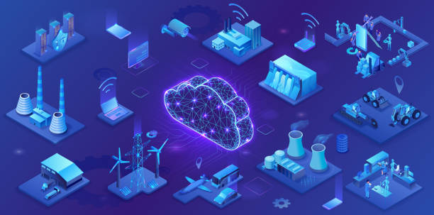 Industrial internet of things  infographic illustration, blue neon concept with factory, electric power station, cloud 3d isometric icon, smart transport system, mining machines, data protection Industrial internet of things  infographic illustration, blue neon concept with factory, electric power station, cloud 3d isometric icon, smart transport system, mining machines, data protection mining natural resources stock illustrations