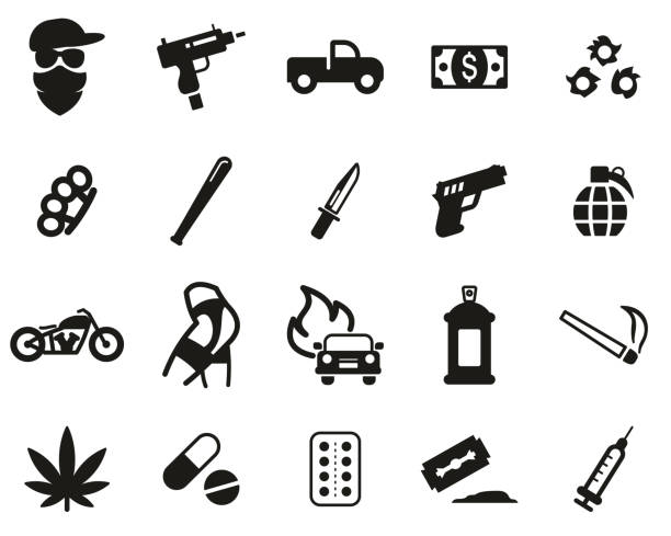 Modern Gangster Icons Black & White Set Big This image is a vector illustration and can be scaled to any size without loss of resolution. uzi submachine gun stock illustrations