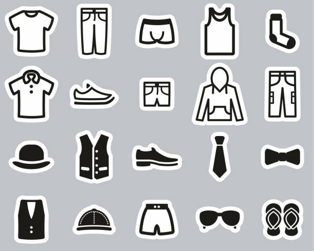 мужская одежда и аксессуары иконы черный и белый набор наклейки большой - underwear men t shirt white stock illustrations