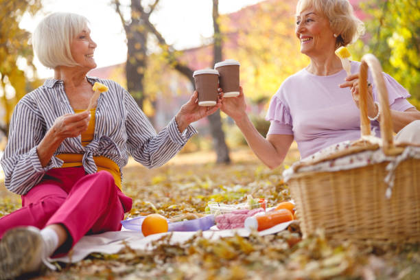 damas alegres desayunando saludablemente en el parque - maple leaf close up symbol autumn fotografías e imágenes de stock