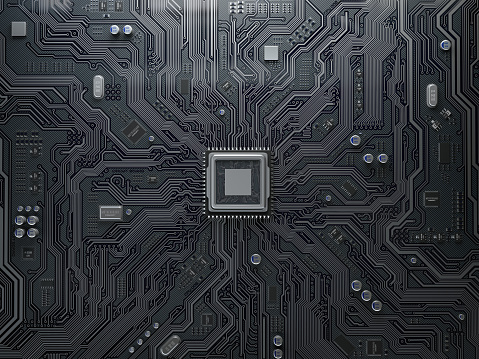 CPU chip on circuit board. Black motherboard with central processor chip. Computer hardware tecnology. 3d illustration