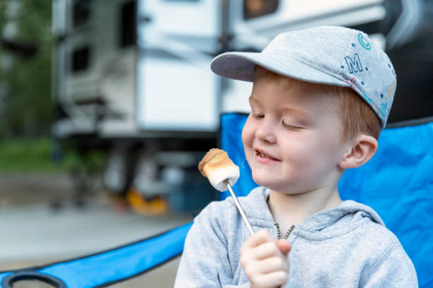 istock Little Redhead Boy Eating a Marshmallow in Camping in Summer 1201898378