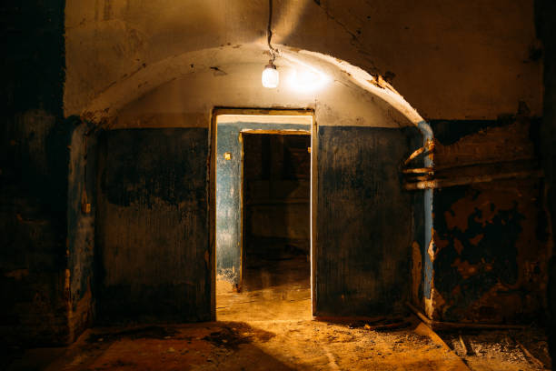 viejo sótano abandonado oscuro espeluznante con lámpara - cellar door fotografías e imágenes de stock