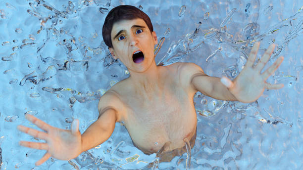 fear panic drowning emergency in water pool 3D illustration